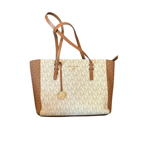 Michael Kors Charlotte Large Top Zip Tote – Vanilla/Acorn Brown Leather Trim NWT - Picture 1 of 12
